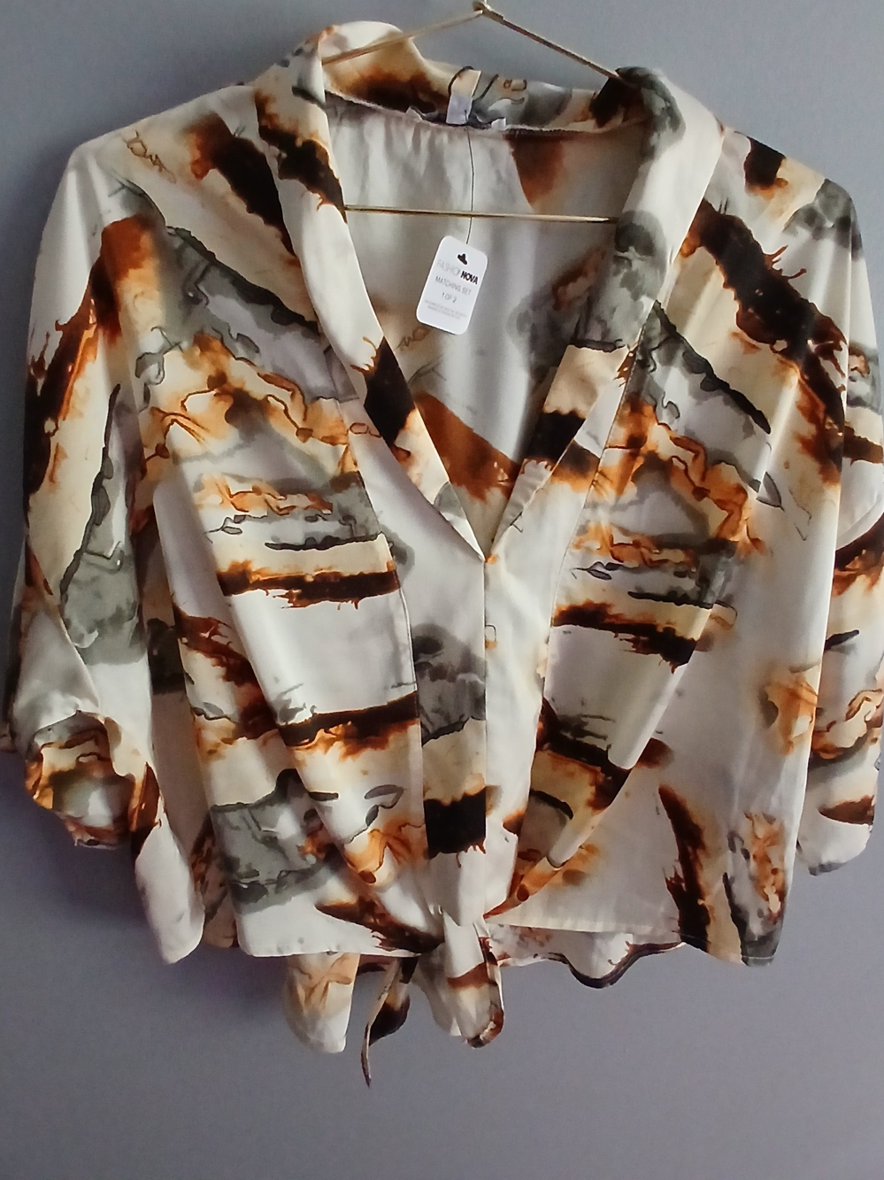 Fashion Nova Cream Blouse with Brown & Gray Abstract Print